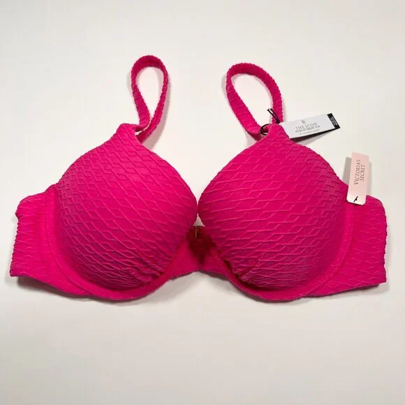 Victoria Secret 36C ICON Push Up Bikini Top Underwire Textured Pink - Picture 2 of 5